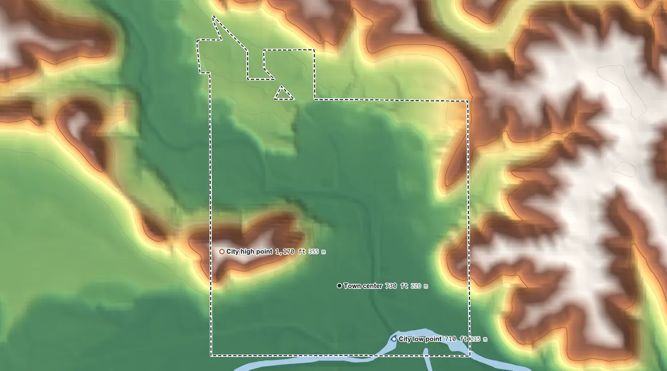 Topographic elevation map of Rushford, Minnesota, shaded from 710 ft on the southeast side to 1,170 ft on the west side