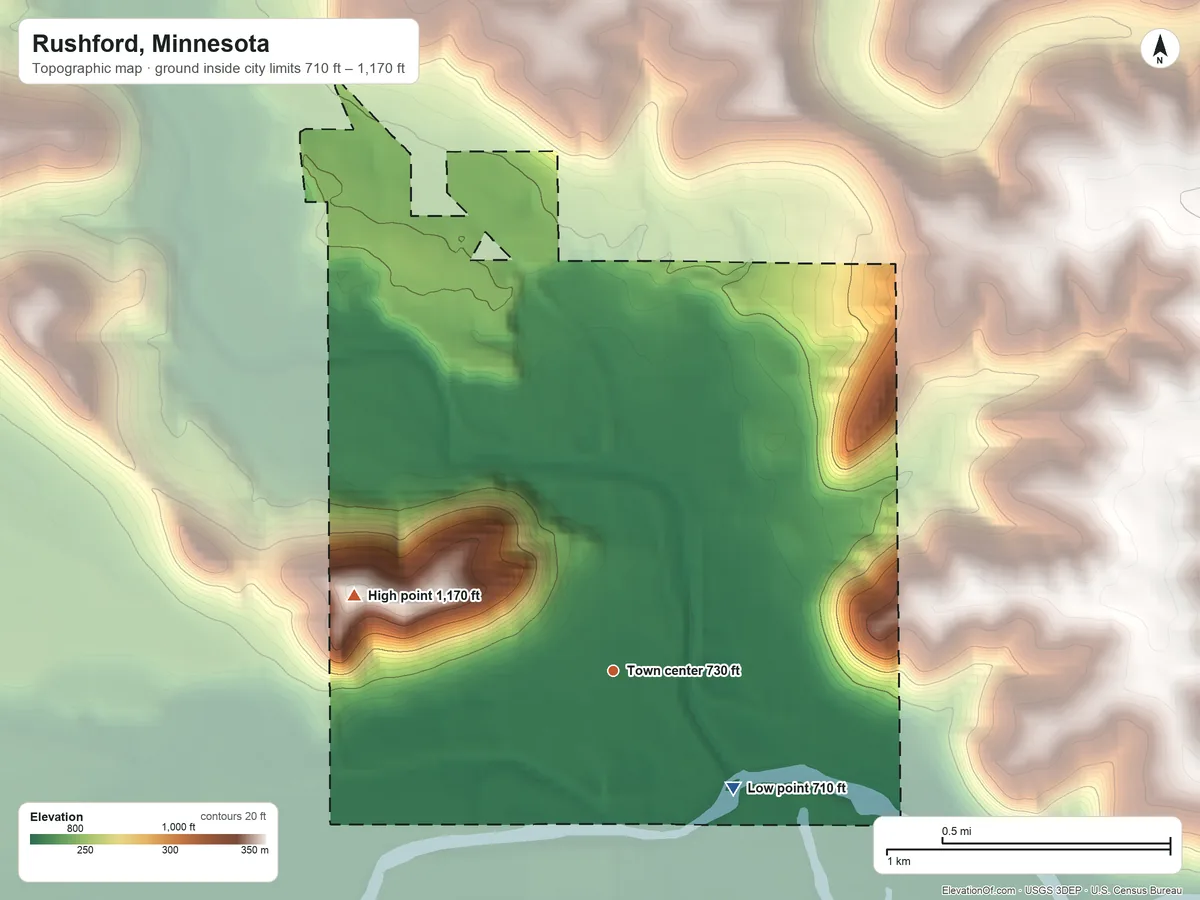 Topographic elevation map of Rushford, Minnesota, shaded from 710 ft on the southeast side to 1,170 ft on the west side