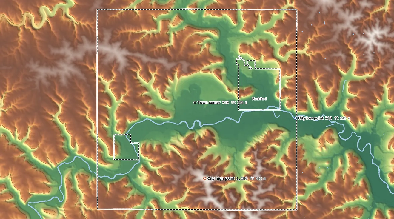 Topographic elevation map of Rushford Village, Minnesota, shaded from 710 ft on the east side to 1,280 ft on the south side
