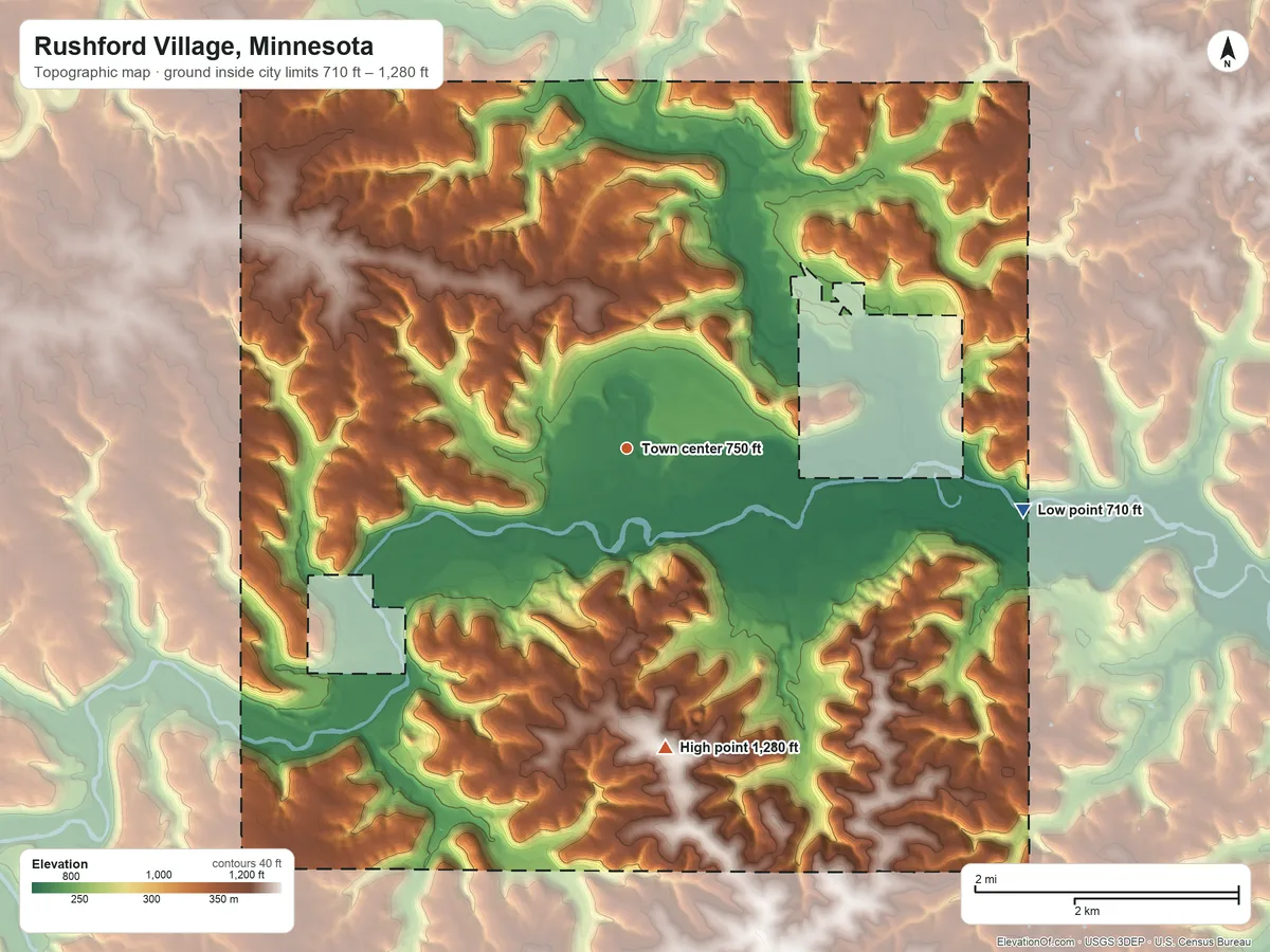 Topographic elevation map of Rushford Village, Minnesota, shaded from 710 ft on the east side to 1,280 ft on the south side