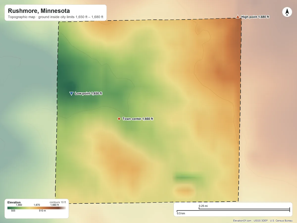 Topographic elevation map of Rushmore, Minnesota, shaded from 1,650 ft on the northwest side to 1,680 ft on the northeast side