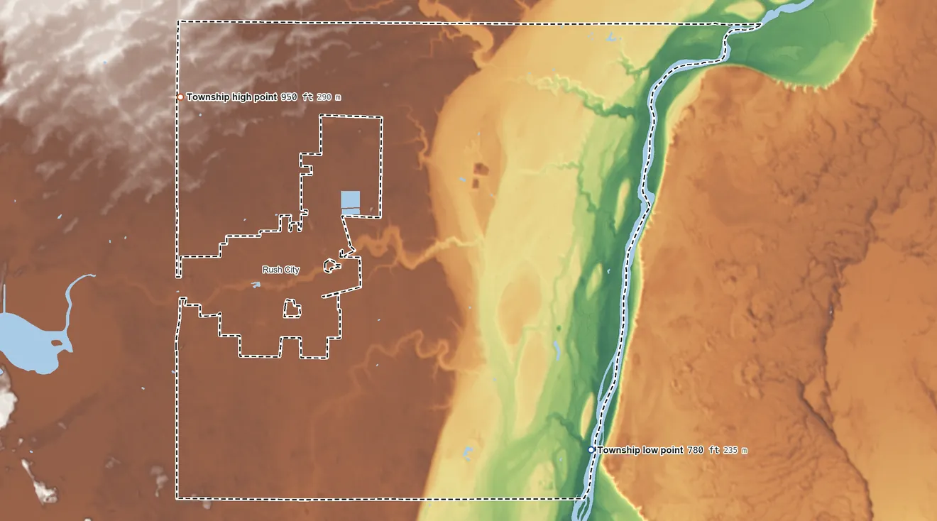 Topographic elevation map of Rushseba Township, Minnesota, shaded from 780 ft on the southeast side to 950 ft on the northwest side
