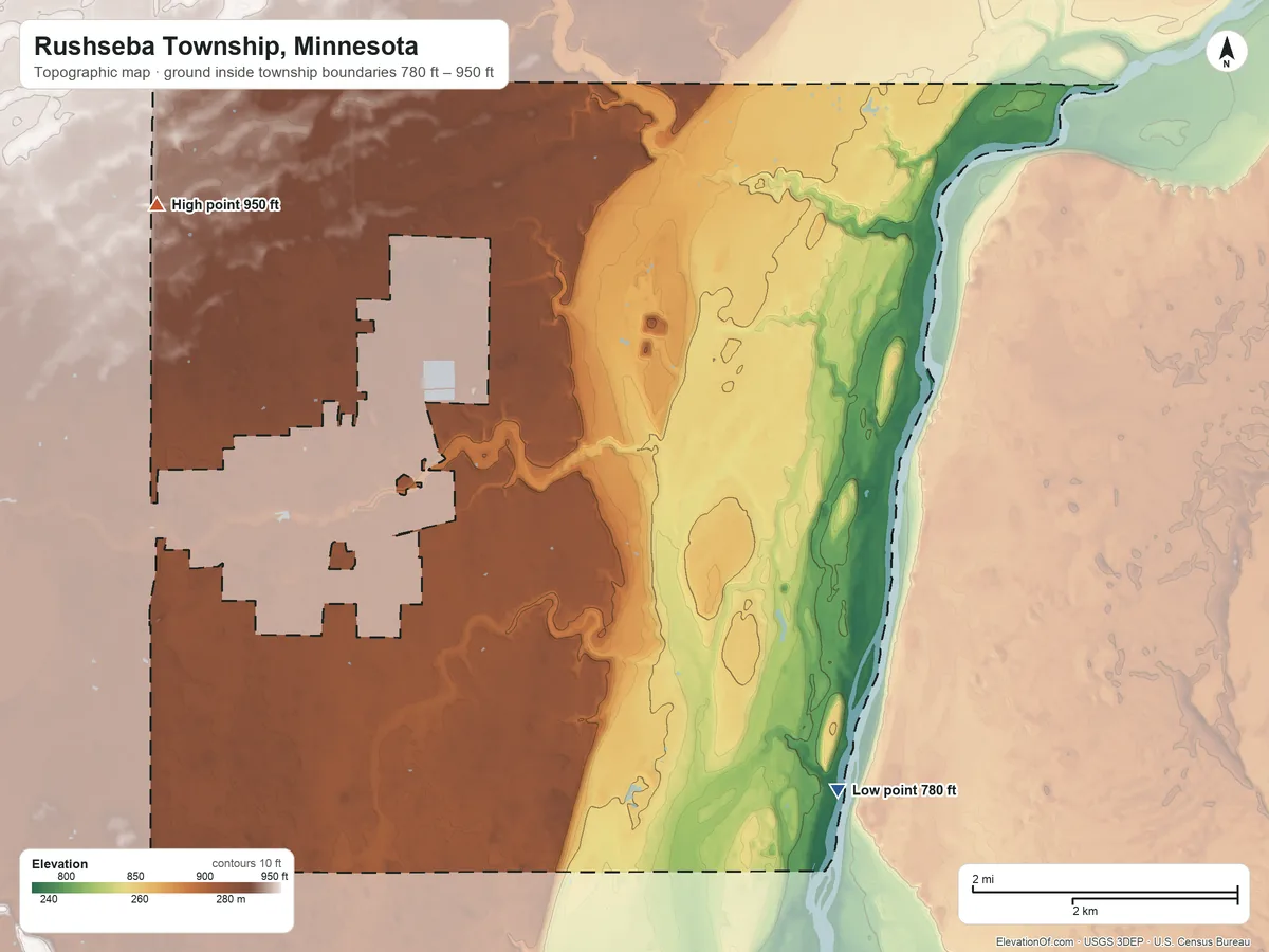 Topographic elevation map of Rushseba Township, Minnesota, shaded from 780 ft on the southeast side to 950 ft on the northwest side