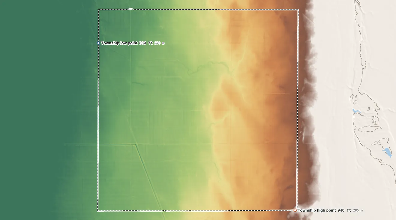 Topographic elevation map of Russia Township, Minnesota, shaded from 880 ft on the west side to 940 ft on the southeast side