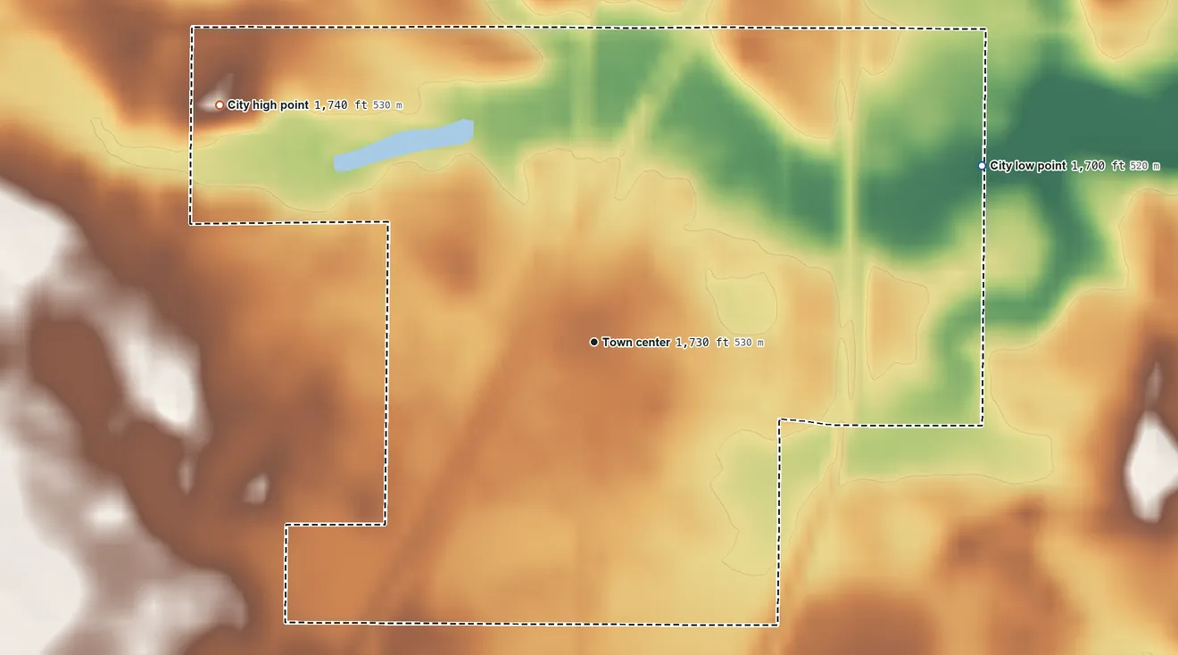 Topographic elevation map of Ruthton, Minnesota, shaded from 1,700 ft on the northeast side to 1,740 ft on the northwest side