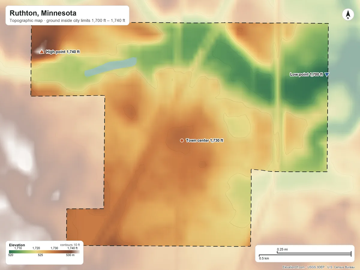 Topographic elevation map of Ruthton, Minnesota, shaded from 1,700 ft on the northeast side to 1,740 ft on the northwest side