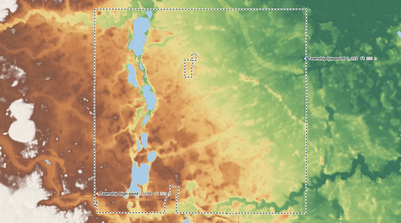 Topographic elevation map of Rutland Township, Minnesota, shaded from 1,110 ft on the northeast side to 1,200 ft on the southwest side