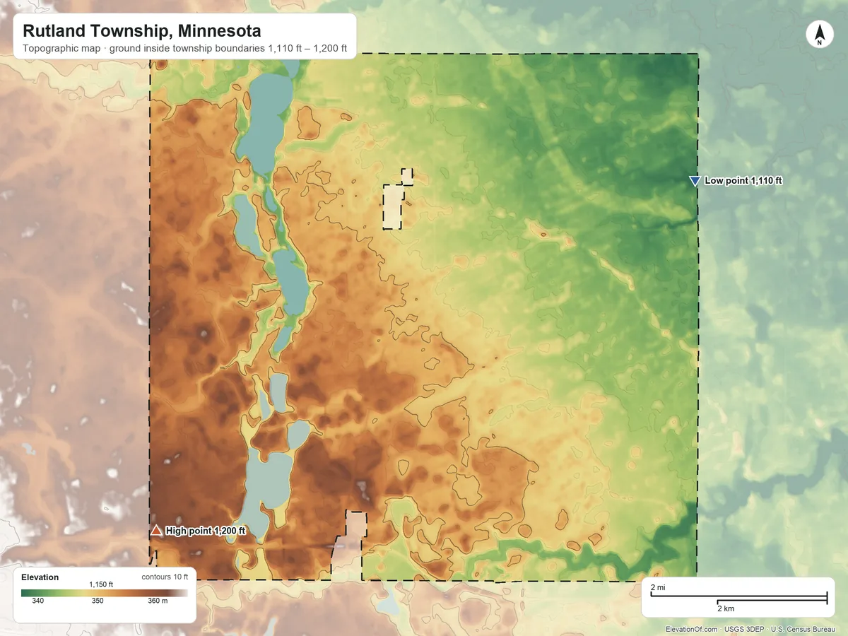 Topographic elevation map of Rutland Township, Minnesota, shaded from 1,110 ft on the northeast side to 1,200 ft on the southwest side