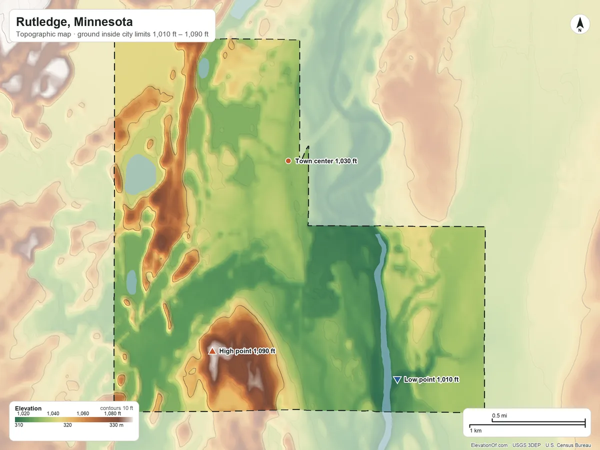 Topographic elevation map of Rutledge, Minnesota, shaded from 1,010 ft on the southeast side to 1,090 ft on the south side