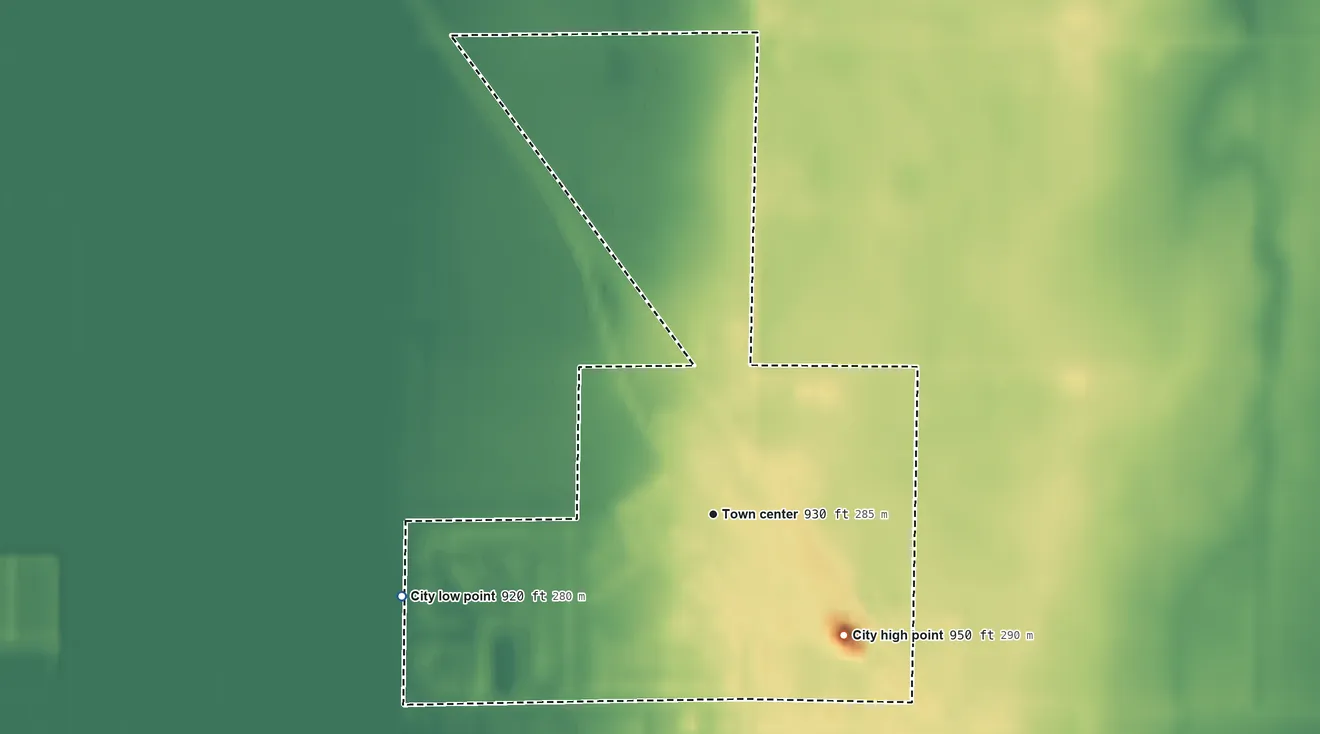 Topographic elevation map of Sabin, Minnesota, shaded from 920 ft on the west side to 950 ft on the southeast side