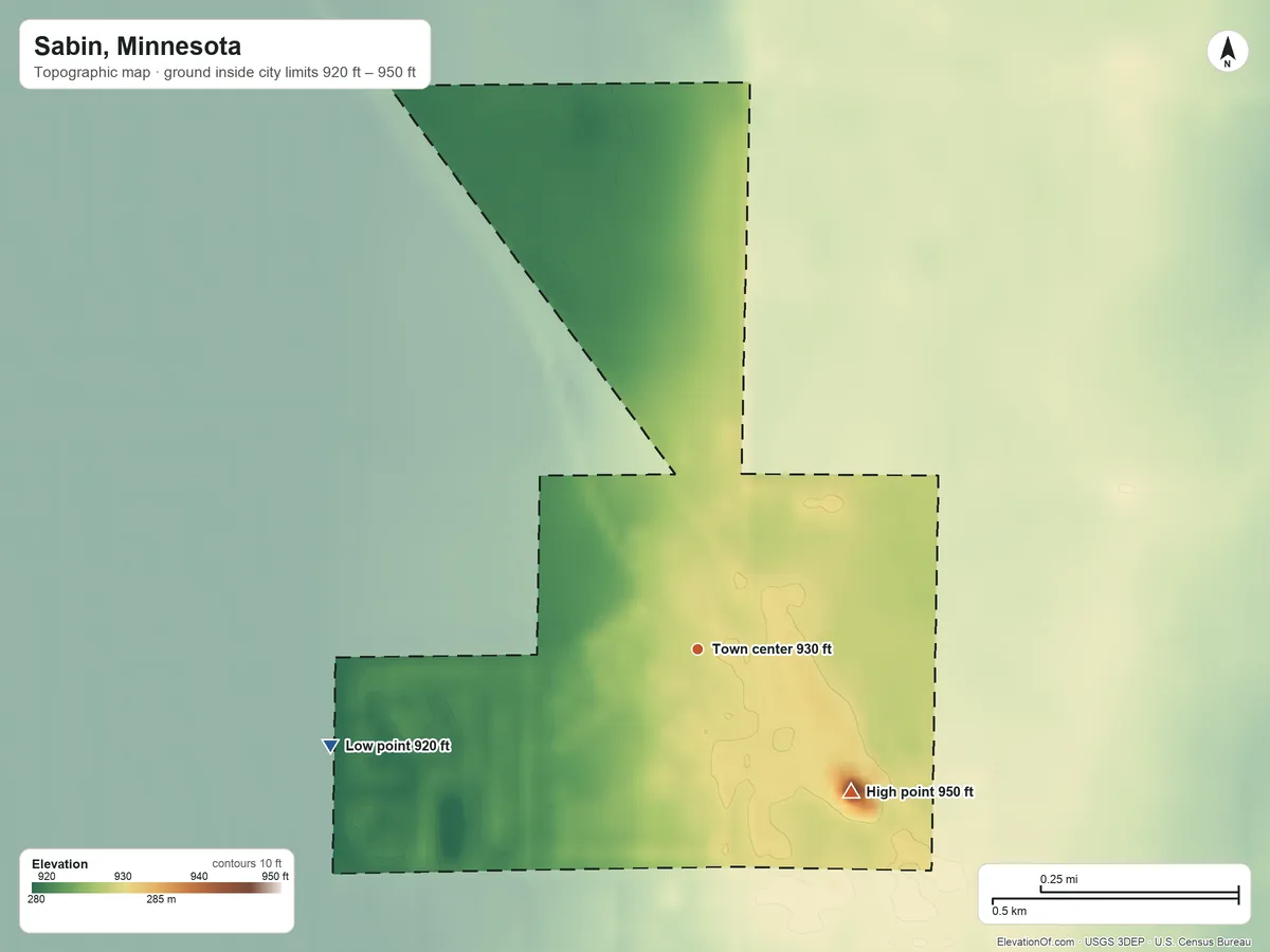 Topographic elevation map of Sabin, Minnesota, shaded from 920 ft on the west side to 950 ft on the southeast side