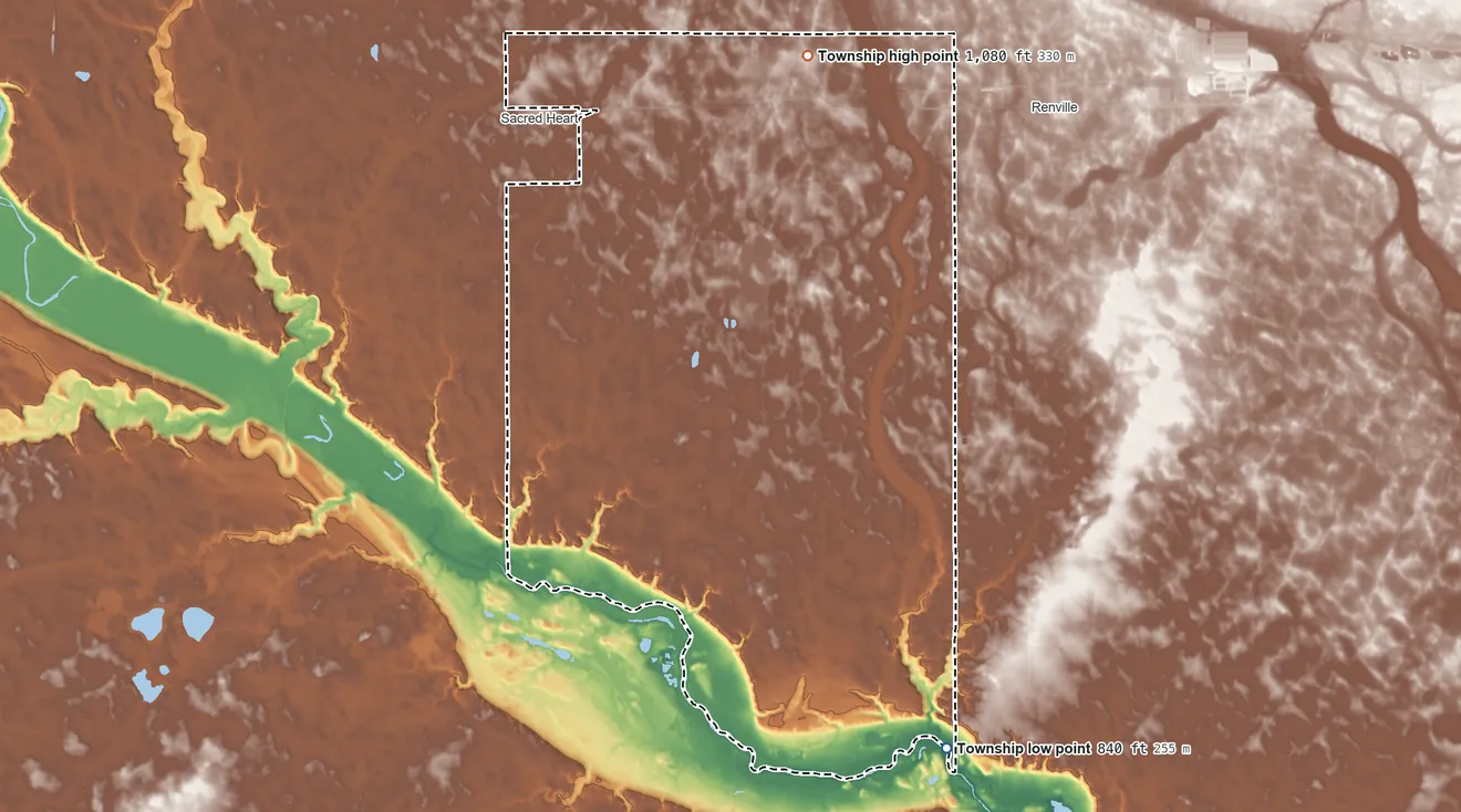 Topographic elevation map of Sacred Heart Township, Minnesota, shaded from 840 ft on the southeast side to 1,080 ft on the north side