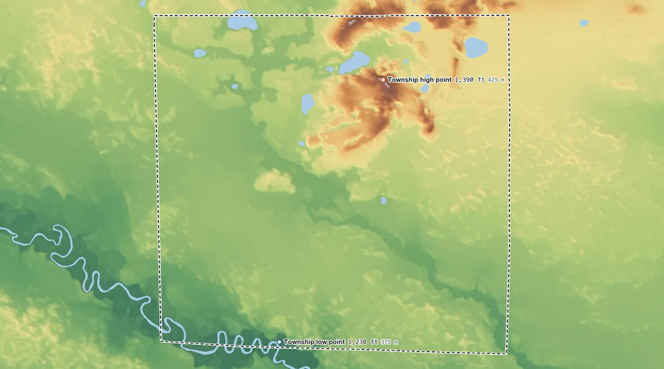 Topographic elevation map of Sago Township, Minnesota, shaded from 1,230 ft on the southwest side to 1,390 ft on the north side