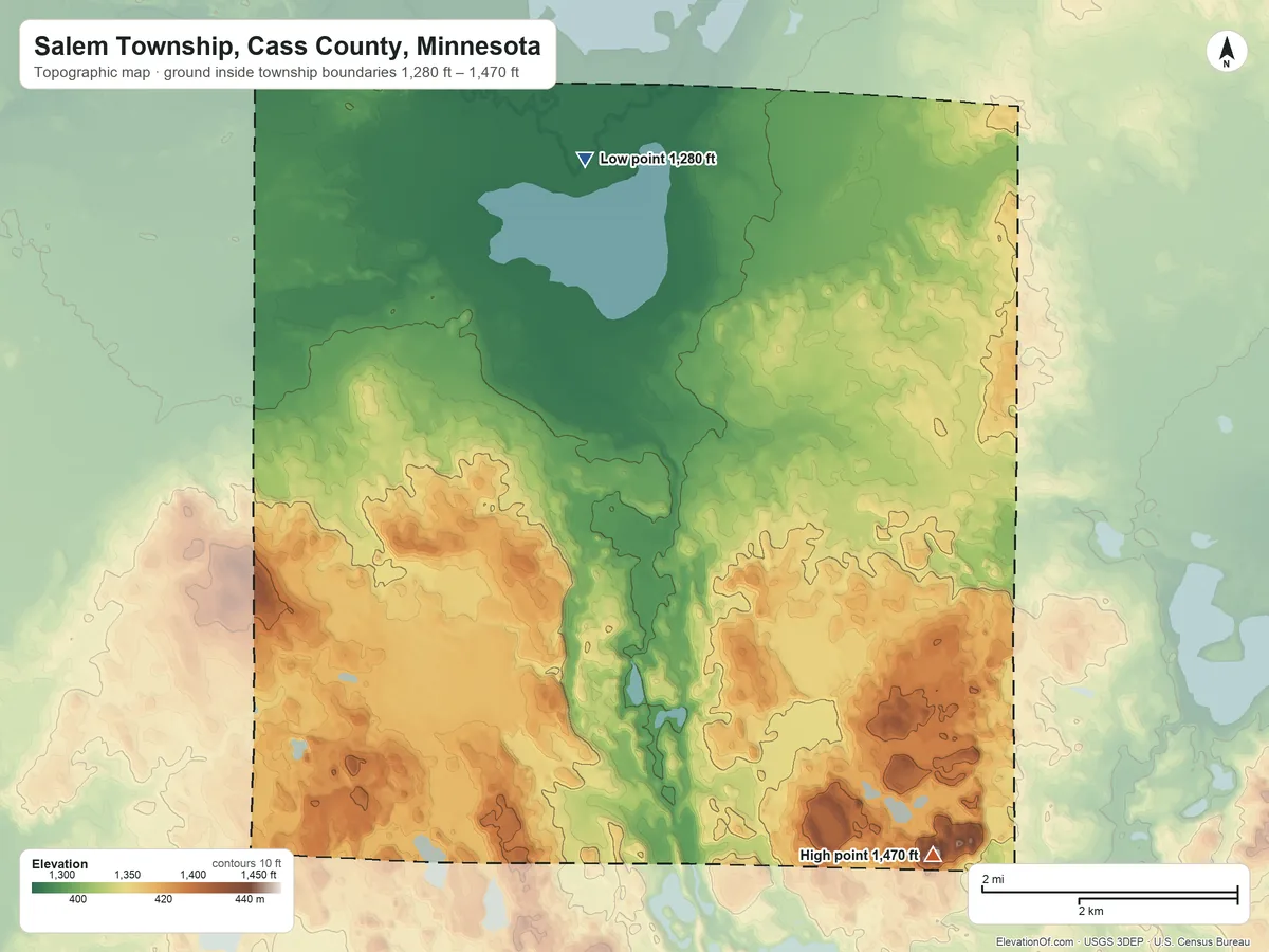 Topographic elevation map of Salem Township, Cass County, Minnesota, shaded from 1,280 ft on the north side to 1,470 ft on the southeast side