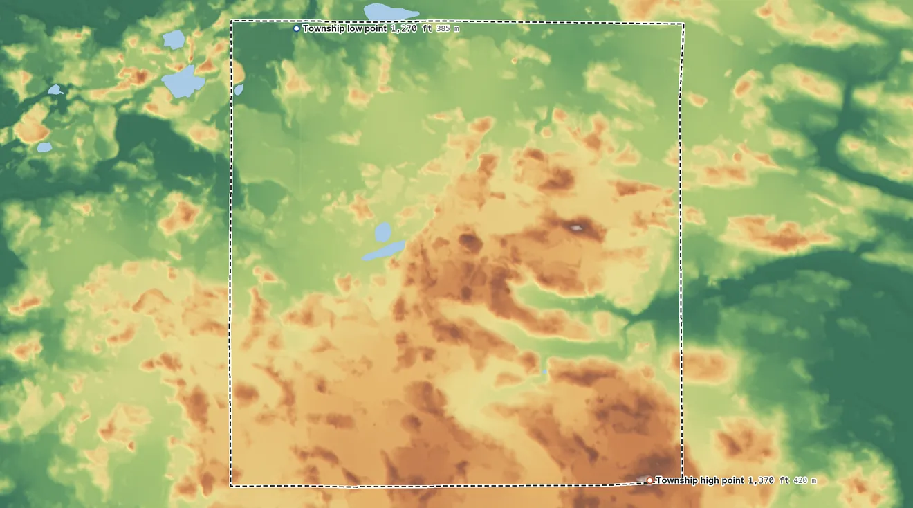Topographic elevation map of Salo Township, Minnesota, shaded from 1,270 ft on the north side to 1,370 ft on the southeast side