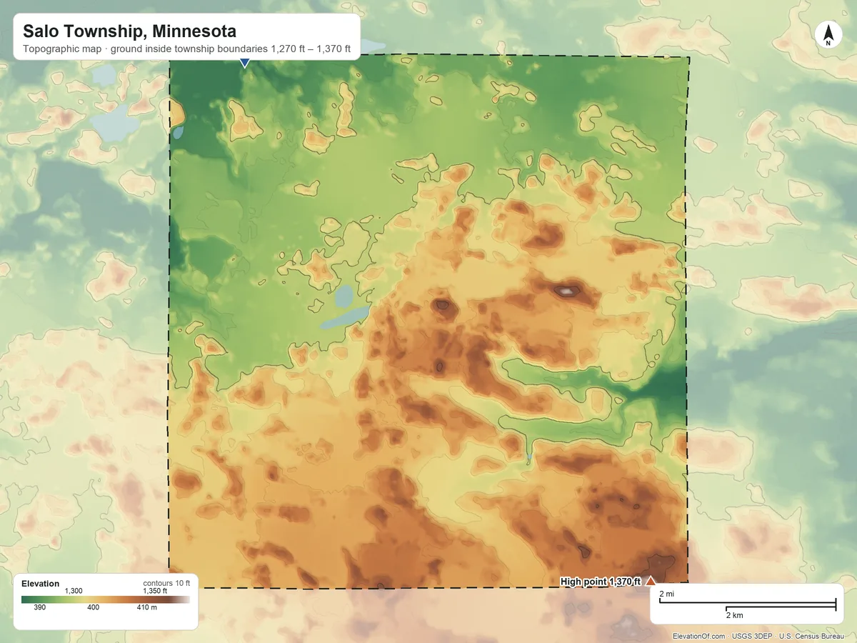 Topographic elevation map of Salo Township, Minnesota, shaded from 1,270 ft on the north side to 1,370 ft on the southeast side