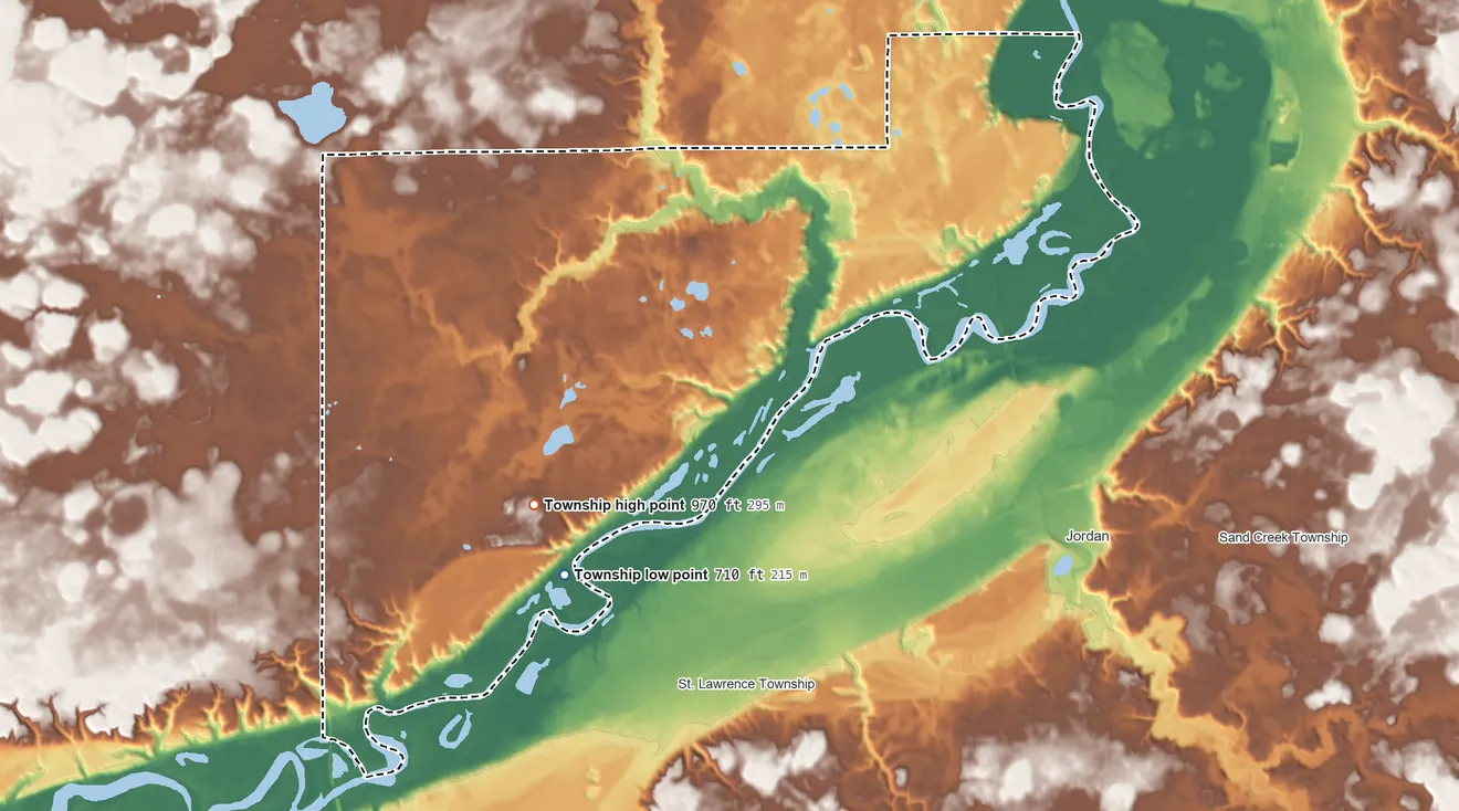 Topographic elevation map of San Francisco Township, Minnesota, shaded from 710 ft on the south side to 970 ft on the southwest side
