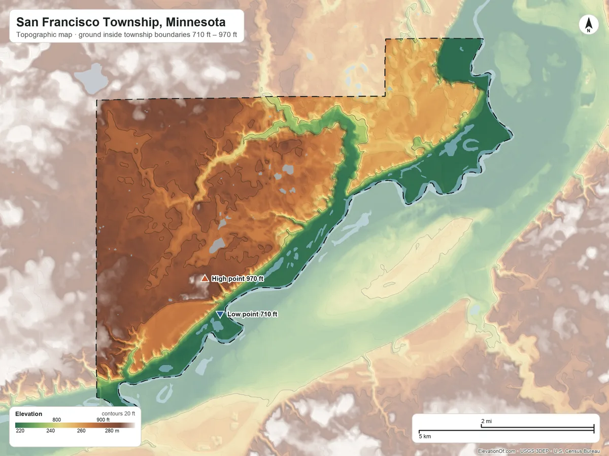 Topographic elevation map of San Francisco Township, Minnesota, shaded from 710 ft on the south side to 970 ft on the southwest side