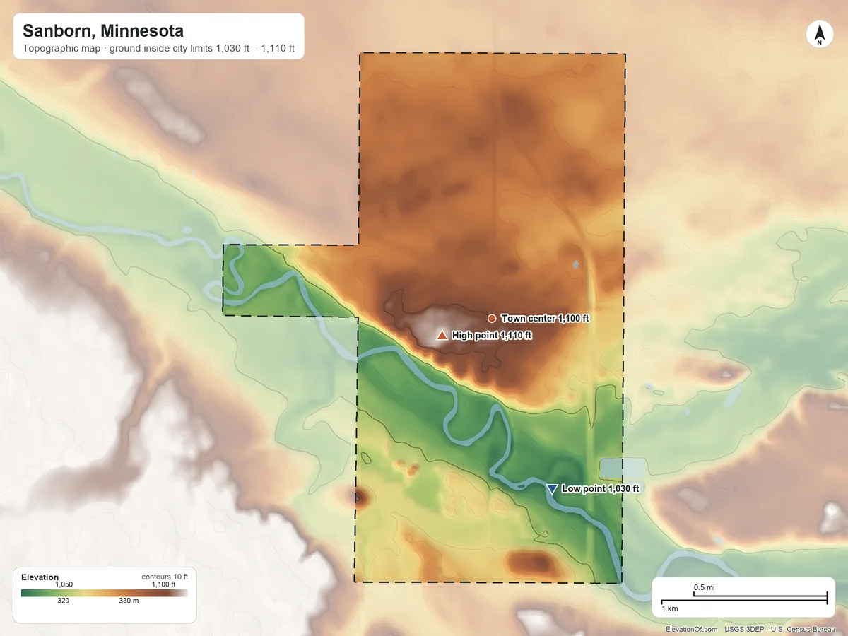 Topographic elevation map of Sanborn, Minnesota, shaded from 1,030 ft on the south side to 1,110 ft near the middle