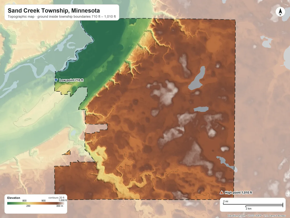 Topographic elevation map of Sand Creek Township, Minnesota, shaded from 710 ft on the northwest side to 1,010 ft on the southeast side