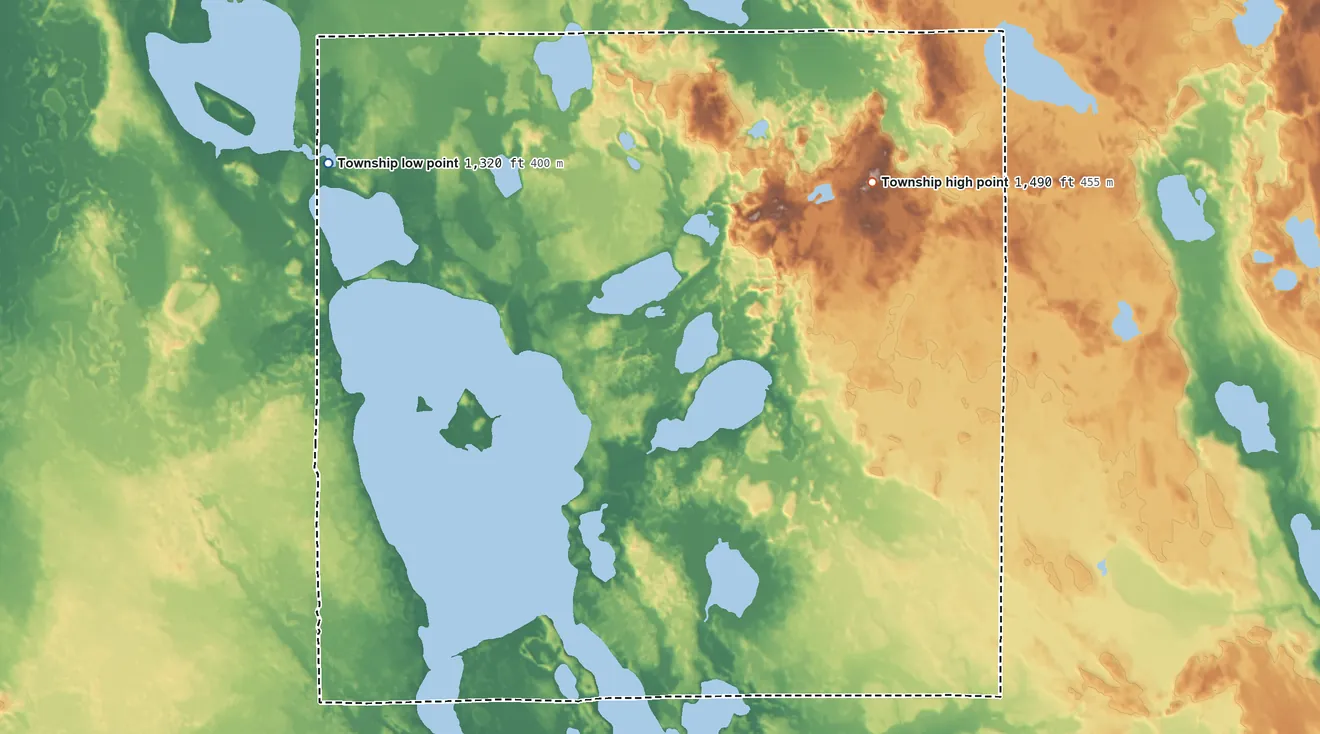 Topographic elevation map of Sand Lake Township, Minnesota, shaded from 1,320 ft on the northwest side to 1,490 ft on the northeast side
