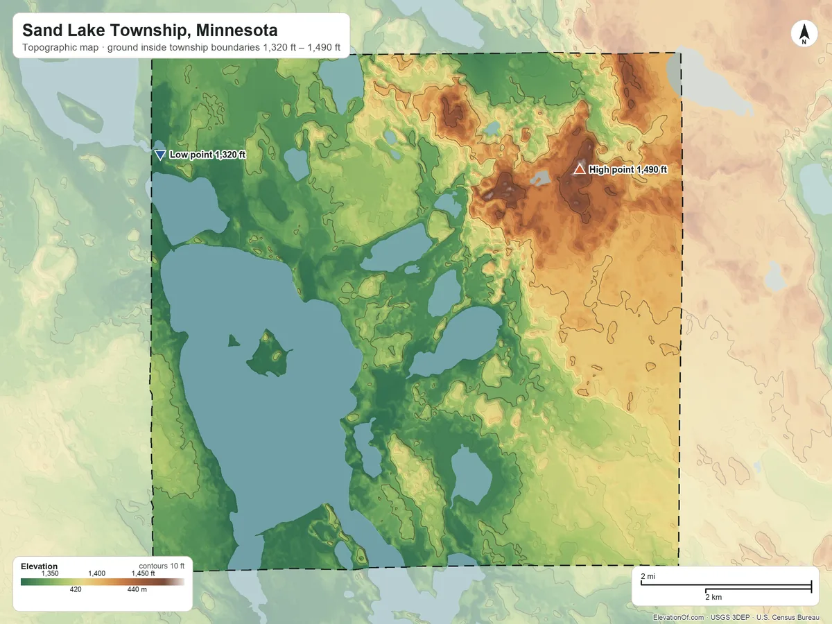 Topographic elevation map of Sand Lake Township, Minnesota, shaded from 1,320 ft on the northwest side to 1,490 ft on the northeast side