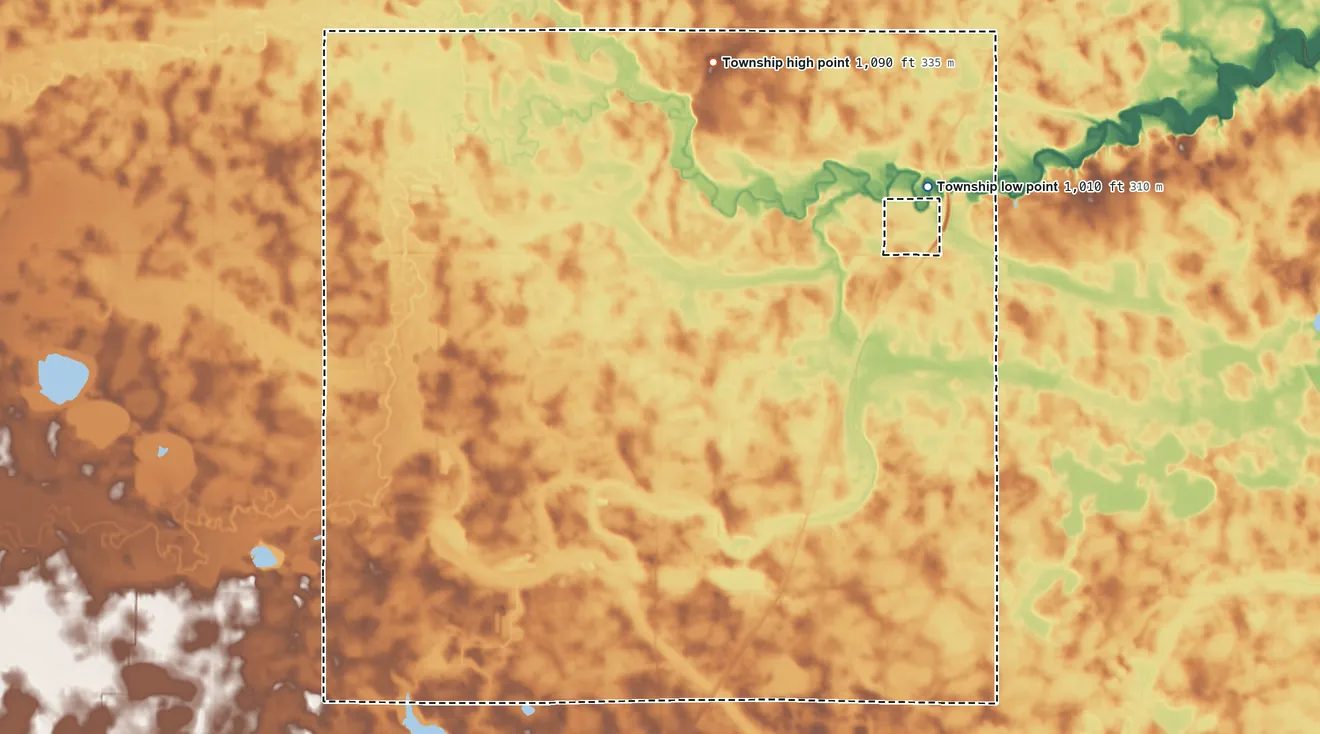 Topographic elevation map of Sandnes Township, Minnesota, shaded from 1,010 ft on the northeast side to 1,090 ft on the north side