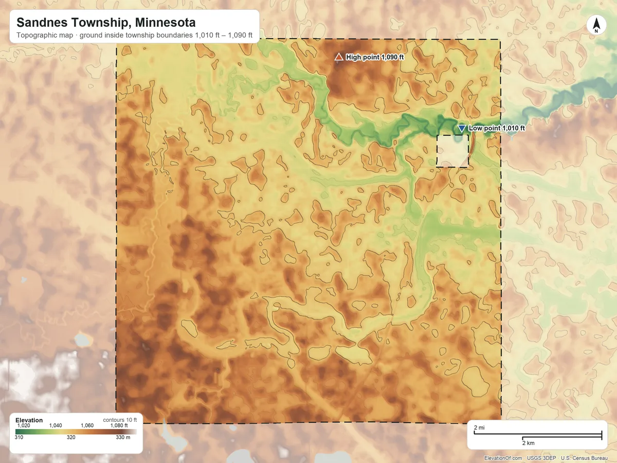 Topographic elevation map of Sandnes Township, Minnesota, shaded from 1,010 ft on the northeast side to 1,090 ft on the north side