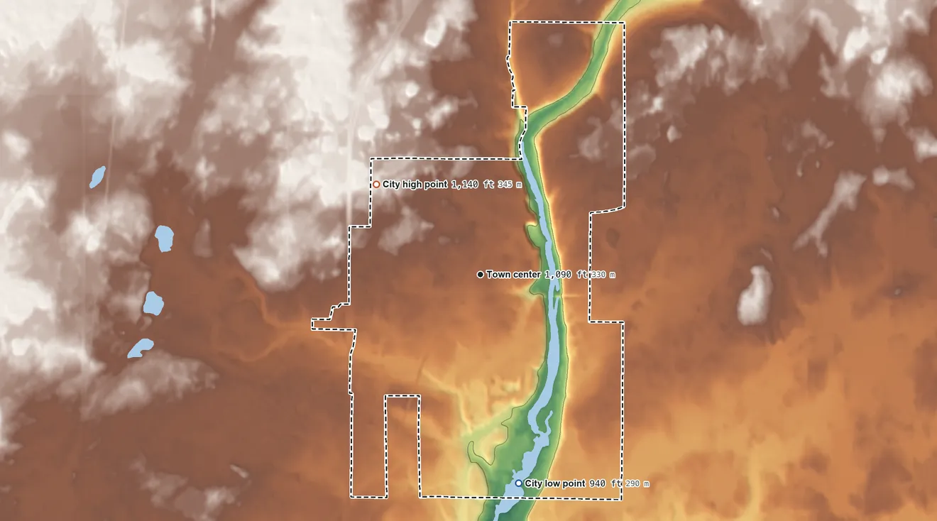 Topographic elevation map of Sandstone, Minnesota, shaded from 940 ft on the south side to 1,140 ft on the northwest side
