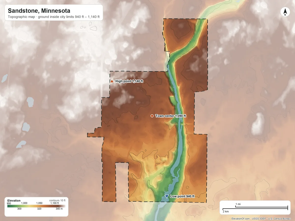 Topographic elevation map of Sandstone, Minnesota, shaded from 940 ft on the south side to 1,140 ft on the northwest side
