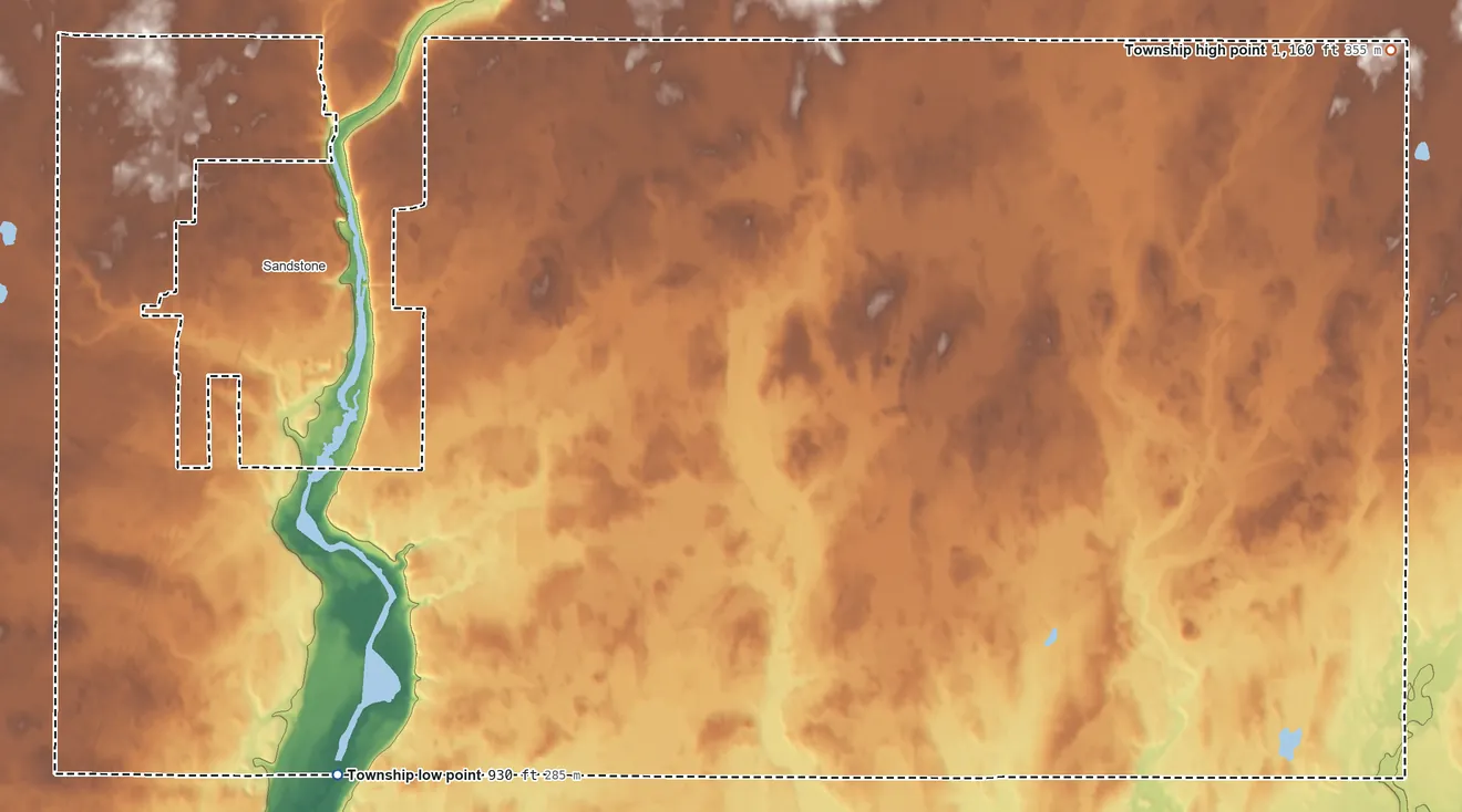 Topographic elevation map of Sandstone Township, Minnesota, shaded from 930 ft on the south side to 1,160 ft on the east side