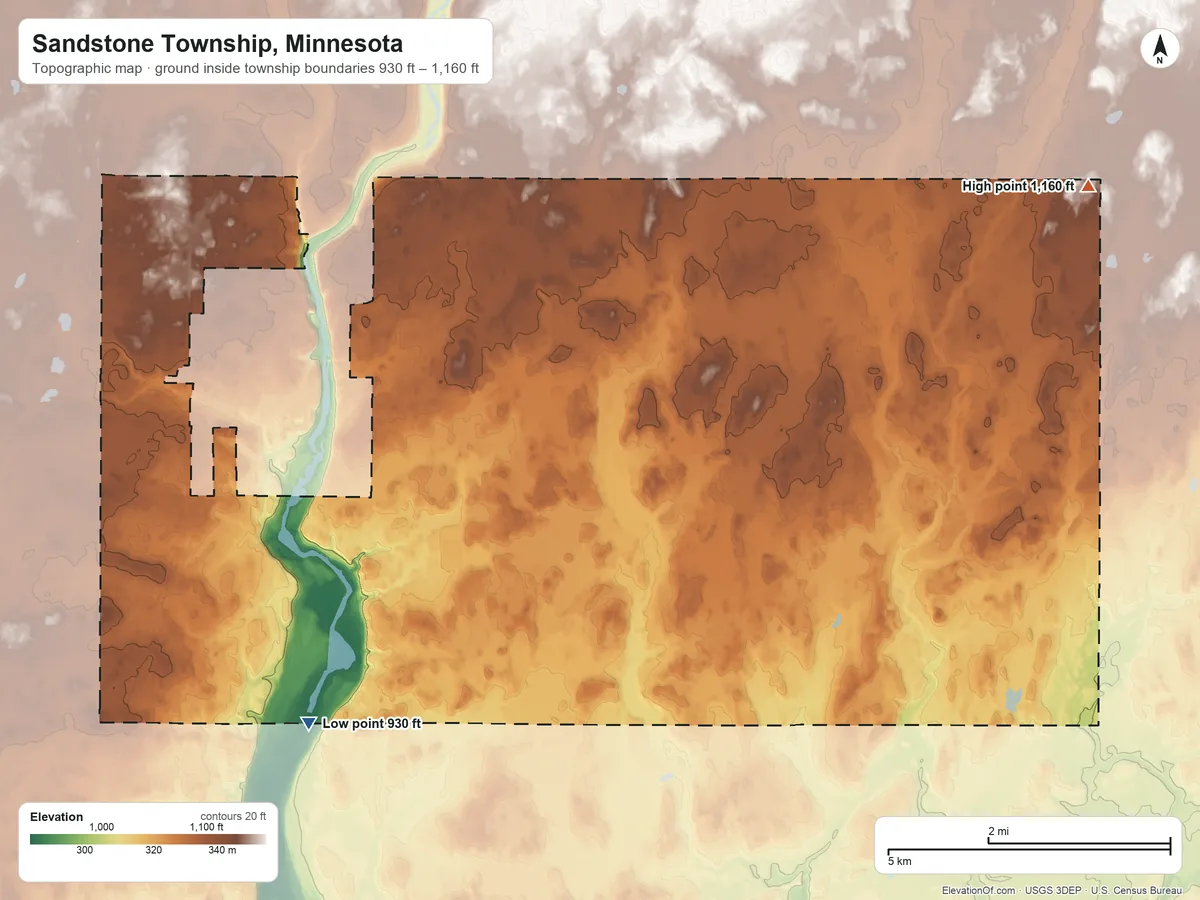 Topographic elevation map of Sandstone Township, Minnesota, shaded from 930 ft on the south side to 1,160 ft on the east side