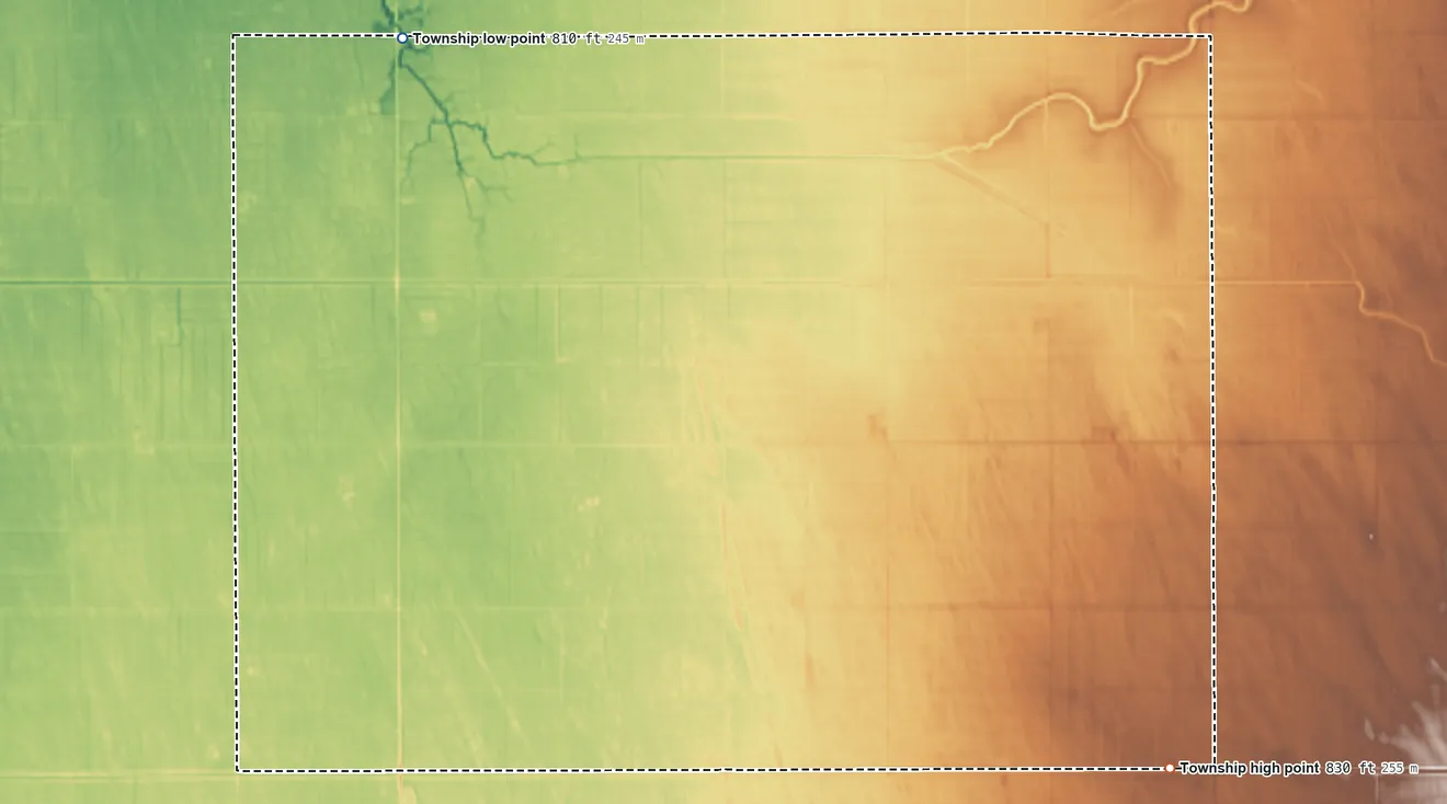 Topographic elevation map of Sandsville Township, Minnesota, shaded from 810 ft on the northwest side to 830 ft on the southeast side