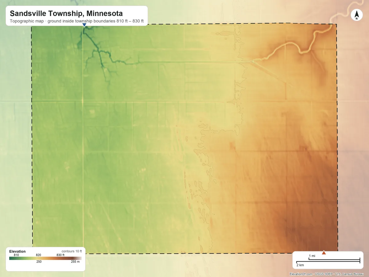 Topographic elevation map of Sandsville Township, Minnesota, shaded from 810 ft on the northwest side to 830 ft on the southeast side