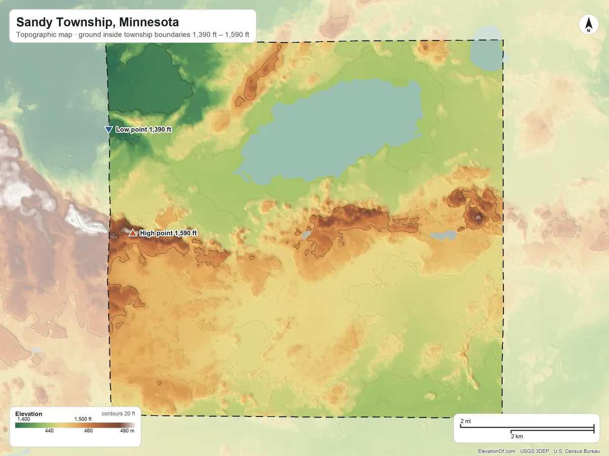 Topographic elevation map of Sandy Township, Minnesota, shaded from 1,390 ft on the northwest side to 1,590 ft on the northwest side