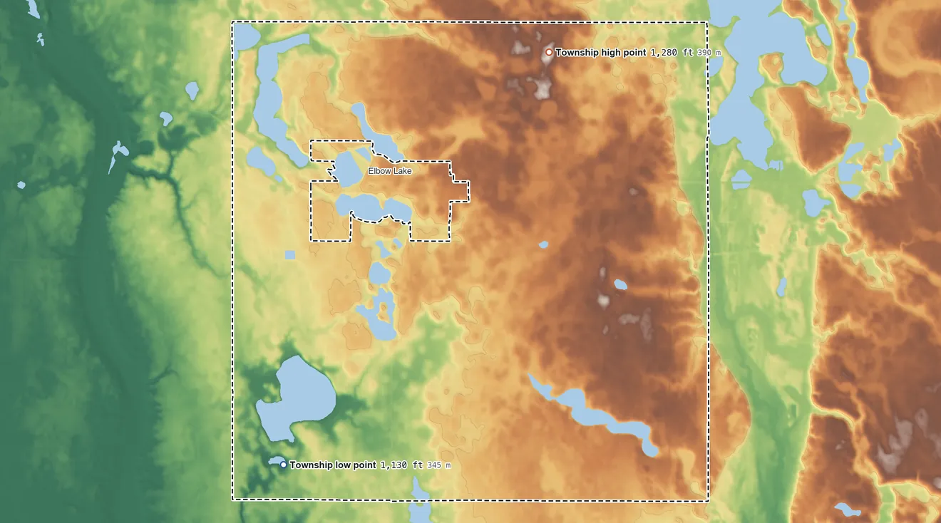 Topographic elevation map of Sanford Township, Minnesota, shaded from 1,130 ft on the southwest side to 1,280 ft on the north side