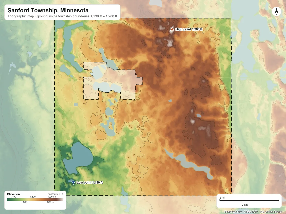 Topographic elevation map of Sanford Township, Minnesota, shaded from 1,130 ft on the southwest side to 1,280 ft on the north side