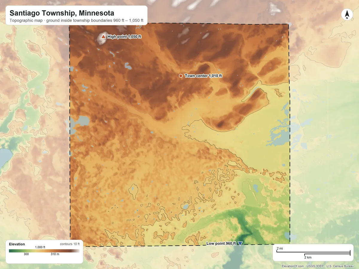 Topographic elevation map of Santiago Township, Minnesota, shaded from 960 ft on the south side to 1,050 ft on the northwest side