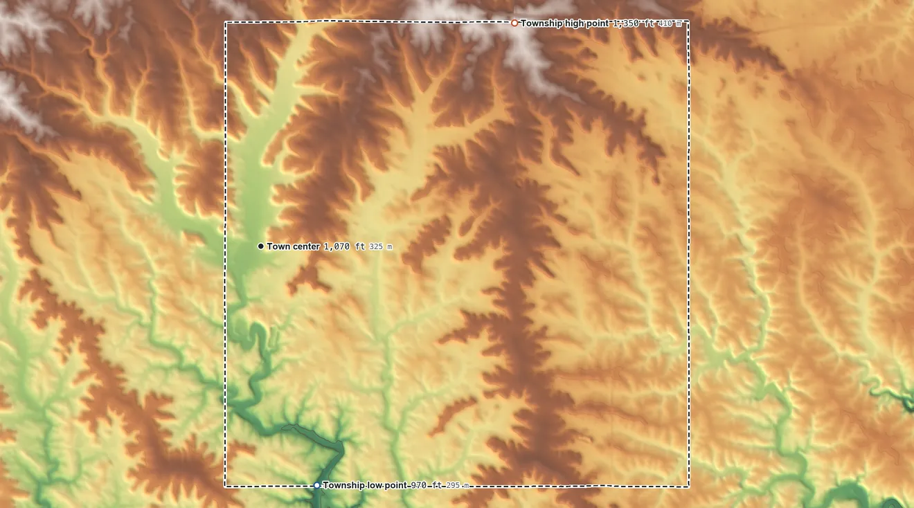 Topographic elevation map of Saratoga Township, Minnesota, shaded from 970 ft on the south side to 1,350 ft on the northeast side
