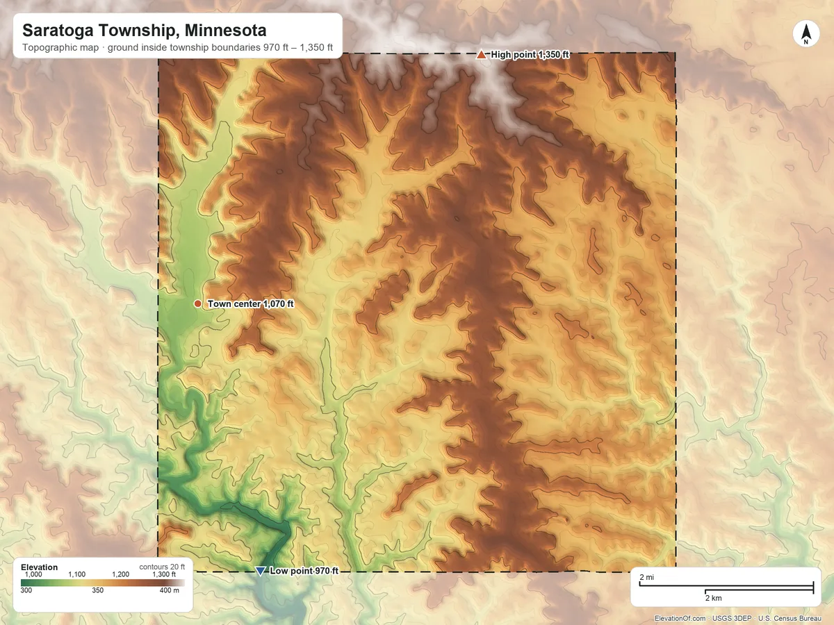 Topographic elevation map of Saratoga Township, Minnesota, shaded from 970 ft on the south side to 1,350 ft on the northeast side