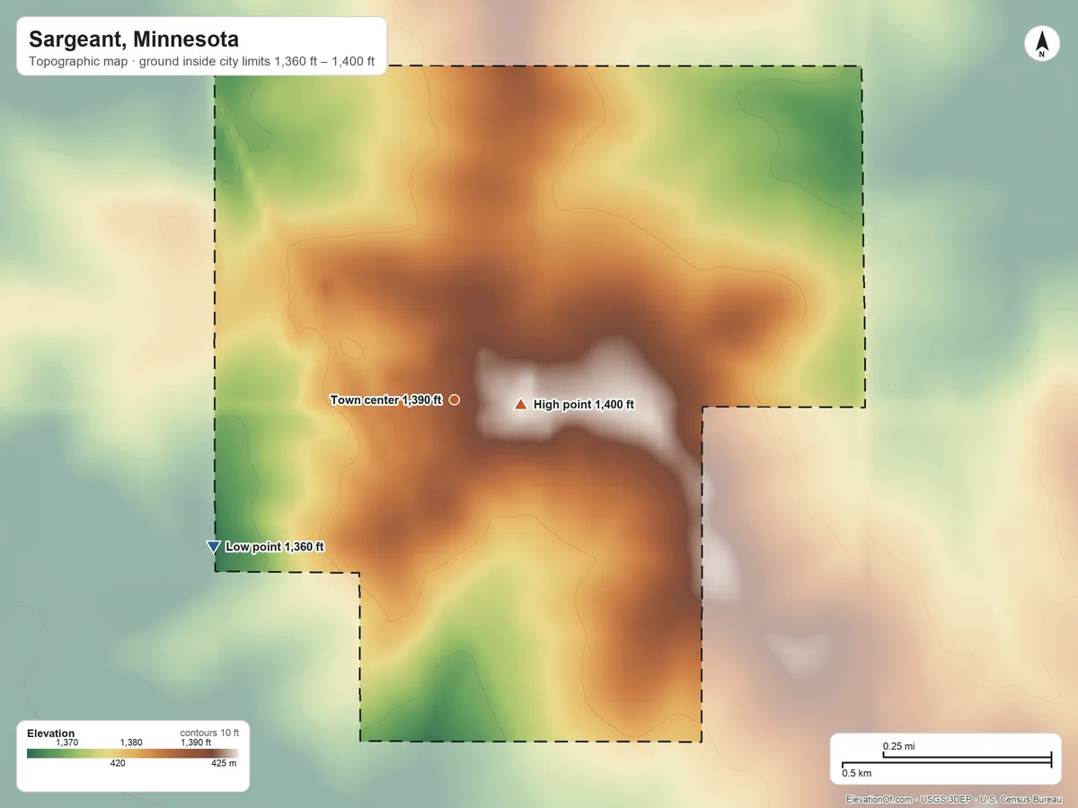 Topographic elevation map of Sargeant, Minnesota, shaded from 1,360 ft on the southwest side to 1,400 ft near the middle