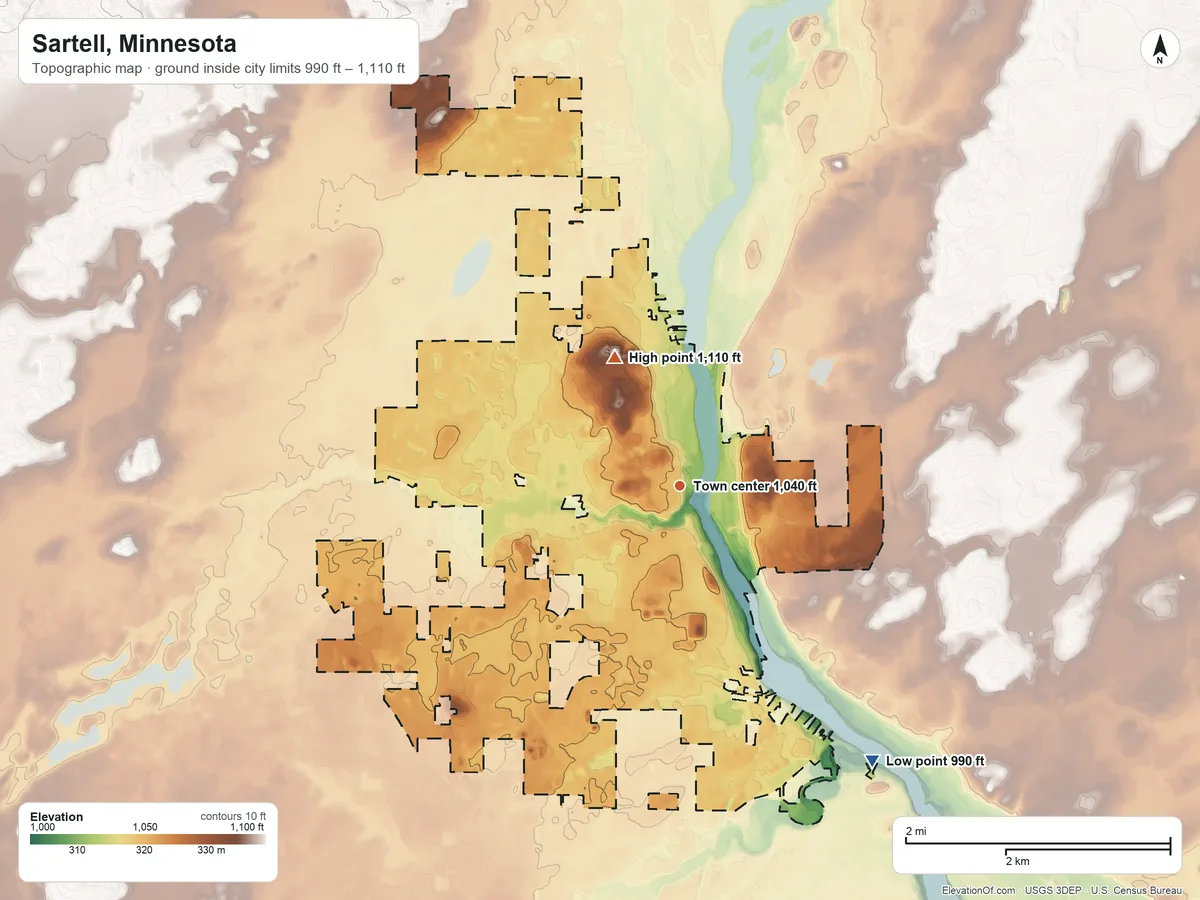Topographic elevation map of Sartell, Minnesota, shaded from 990 ft on the southeast side to 1,110 ft on the northwest side