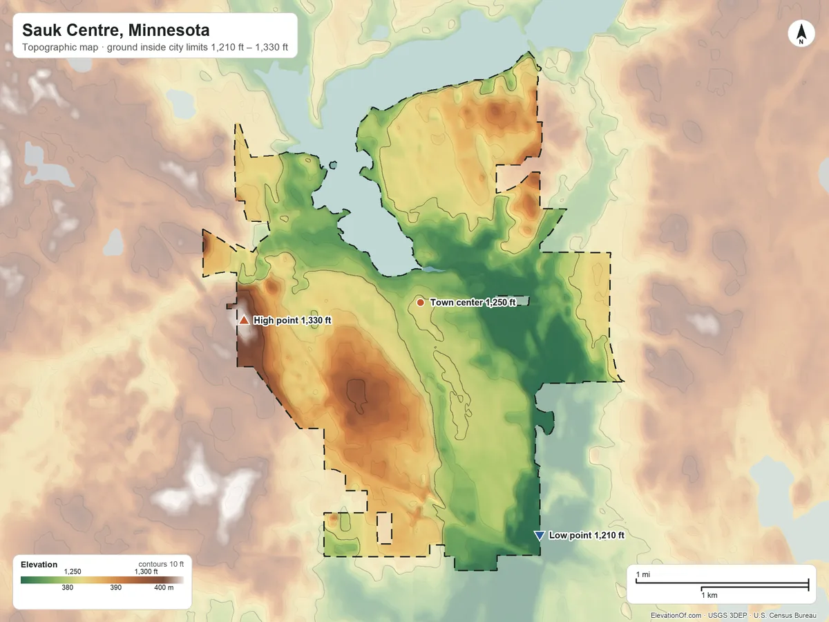 Topographic elevation map of Sauk Centre, Minnesota, shaded from 1,210 ft on the southeast side to 1,330 ft on the west side