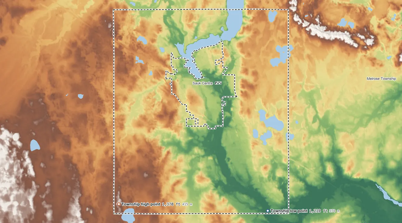Topographic elevation map of Sauk Centre Township, Minnesota, shaded from 1,210 ft on the south side to 1,370 ft on the southwest side