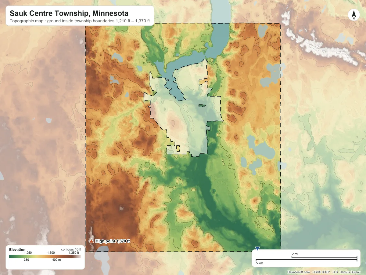 Topographic elevation map of Sauk Centre Township, Minnesota, shaded from 1,210 ft on the south side to 1,370 ft on the southwest side