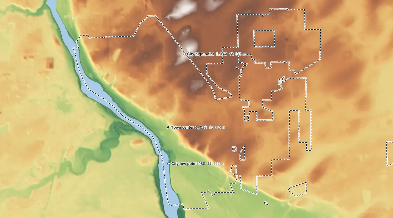 Topographic elevation map of Sauk Rapids, Minnesota, shaded from 980 ft on the south side to 1,140 ft on the north side
