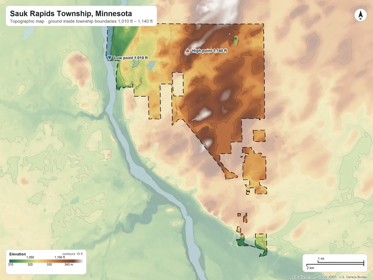 Topographic elevation map of Sauk Rapids Township, Minnesota, shaded from 1,010 ft on the northwest side to 1,140 ft on the northeast side