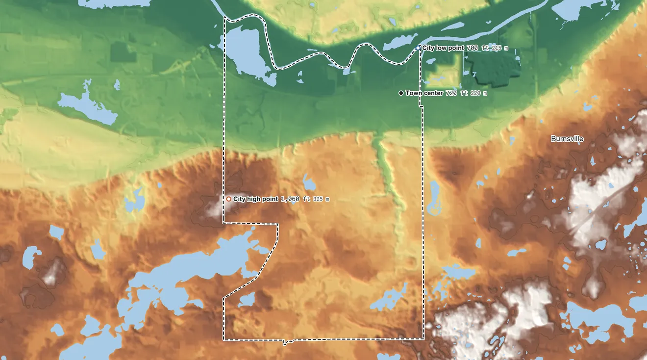 Topographic elevation map of Savage, Minnesota, shaded from 700 ft on the north side to 1,060 ft on the southwest side