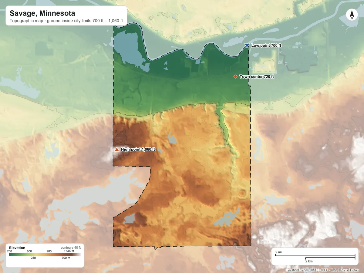 Topographic elevation map of Savage, Minnesota, shaded from 700 ft on the north side to 1,060 ft on the southwest side