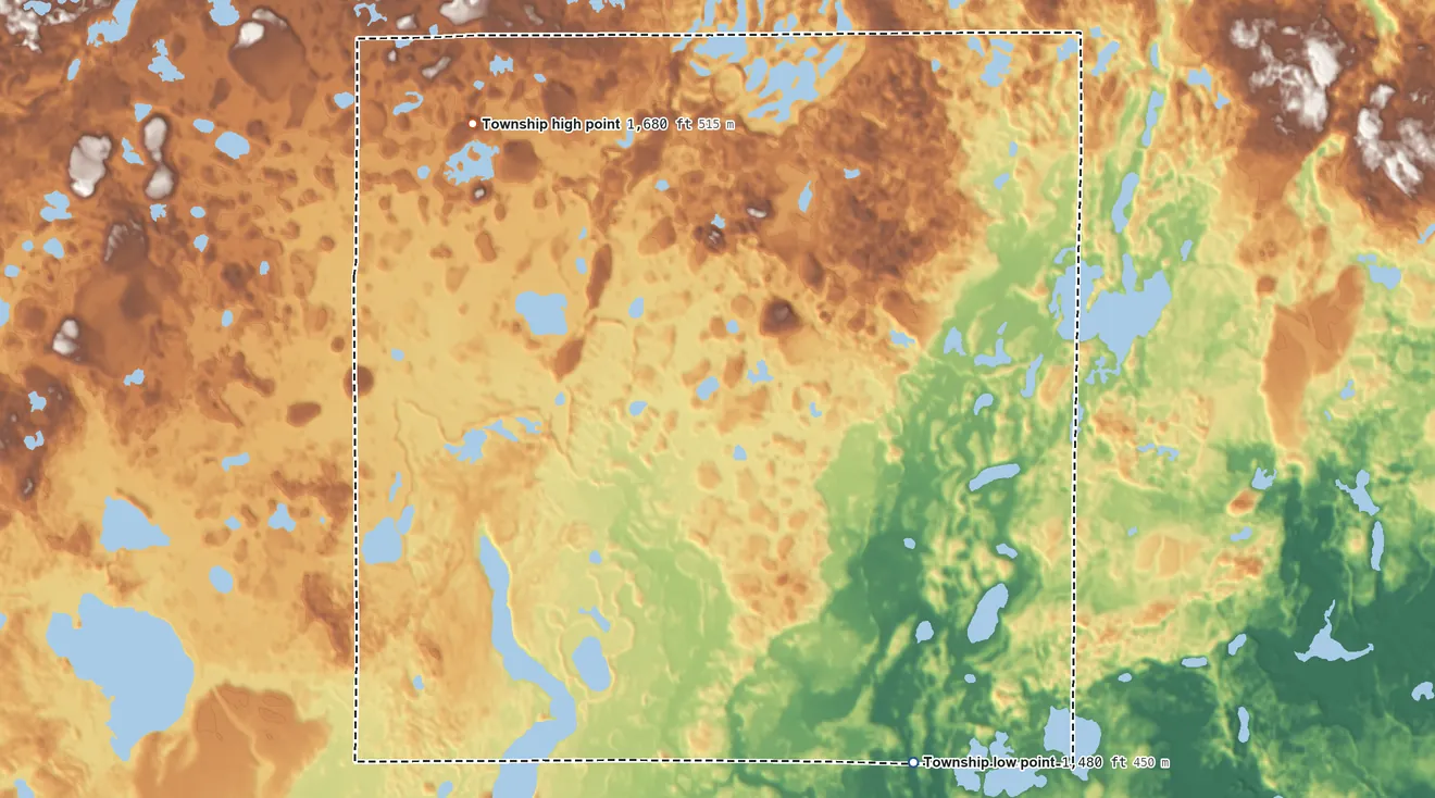 Topographic elevation map of Savannah Township, Minnesota, shaded from 1,480 ft on the southeast side to 1,680 ft on the northwest side